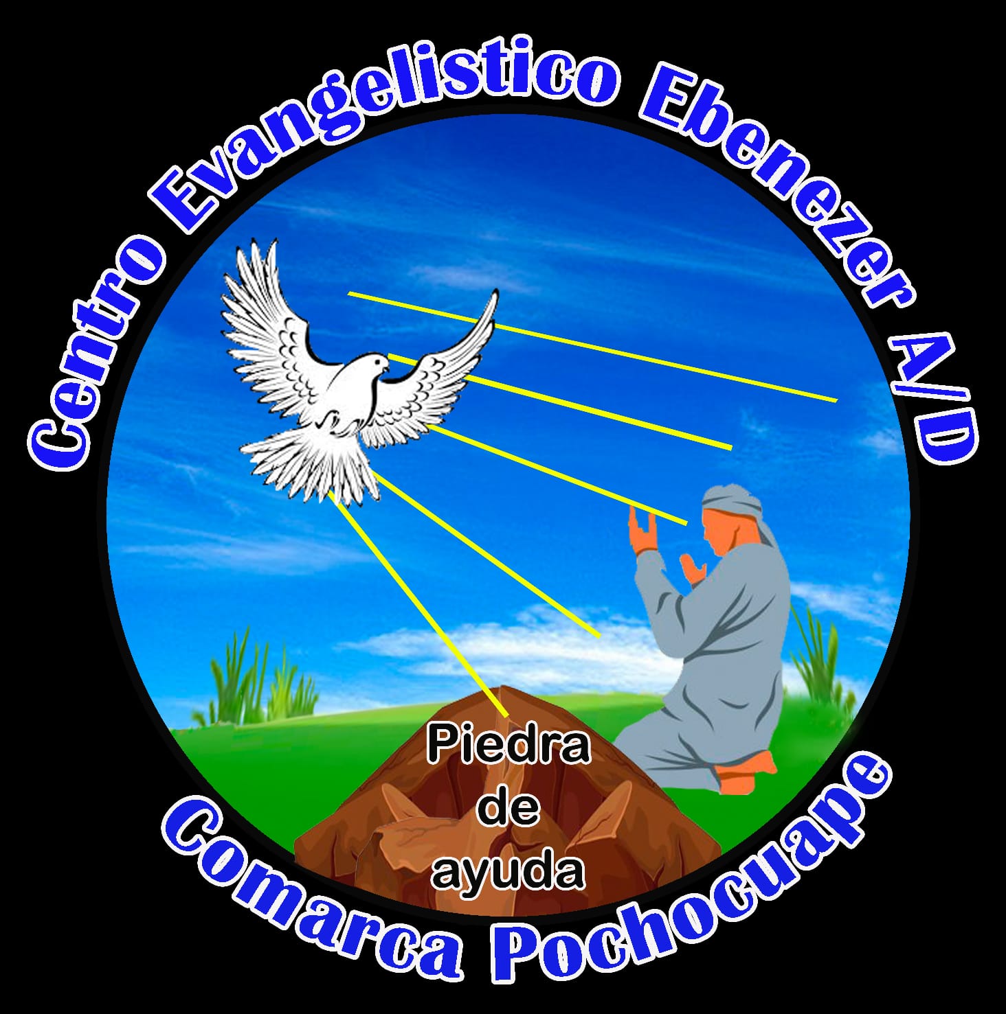 Logotipo del Centro Evangelistico Ebenezer. Una paloma blanca desciende con rayos dorados desde el cielo hacia un hombre arrodillado en oración junto a una roca con las palabras ‘Piedra de ayuda’. El borde del logo contiene el nombre Centro Evangelistico Ebenezer y Comarca Pochocuape.